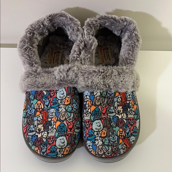 BOBS Colorful Dog Print Slippers with Faux Fur Lining, Womens 8 - Picture 1 of 5